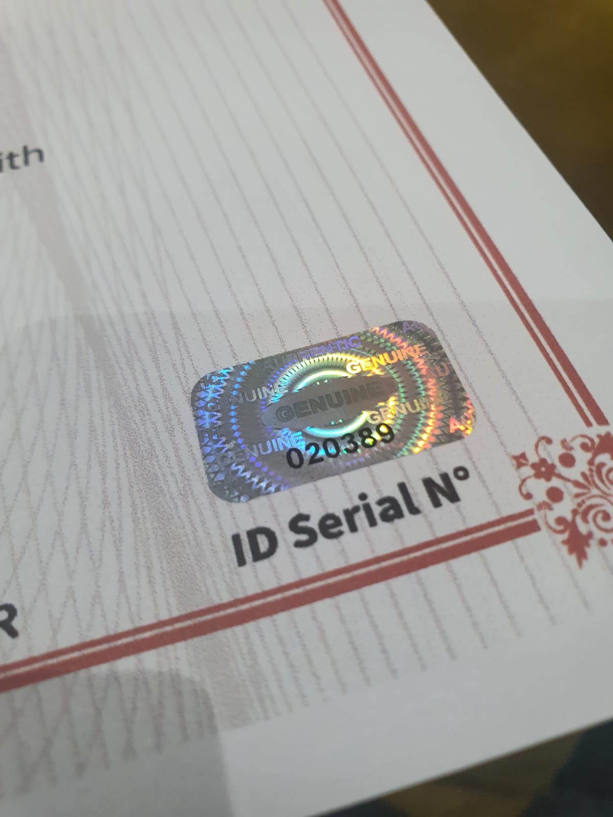 Numéro de série holographique du certificat TMR